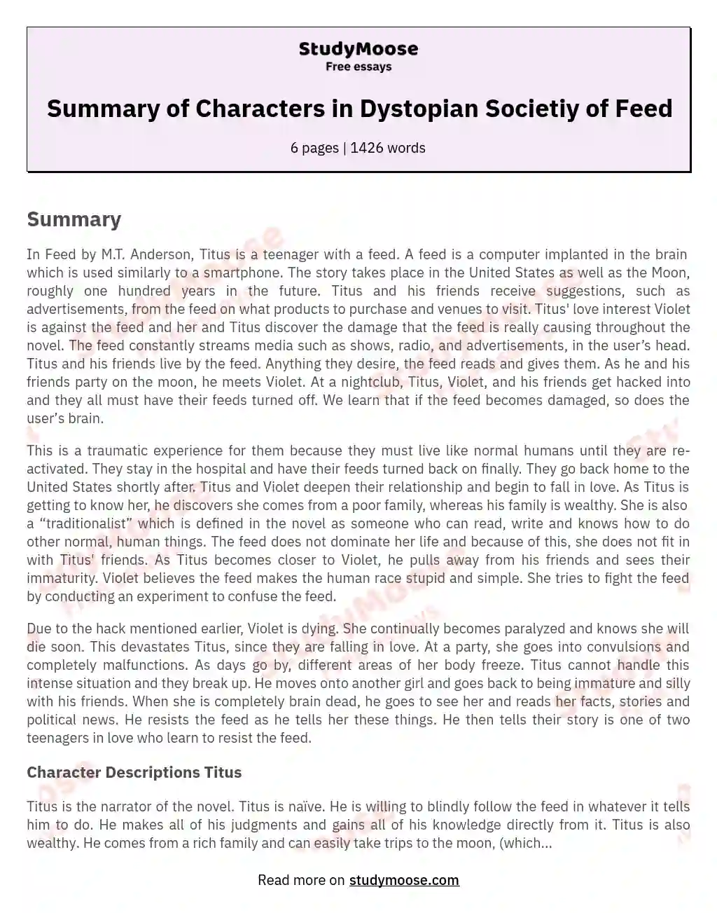 Summary of Characters in Dystopian Societiy of Feed