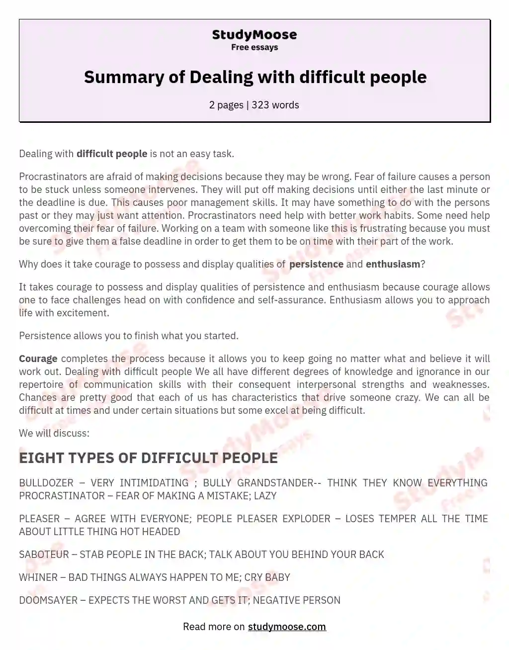 Summary of Dealing with difficult people essay