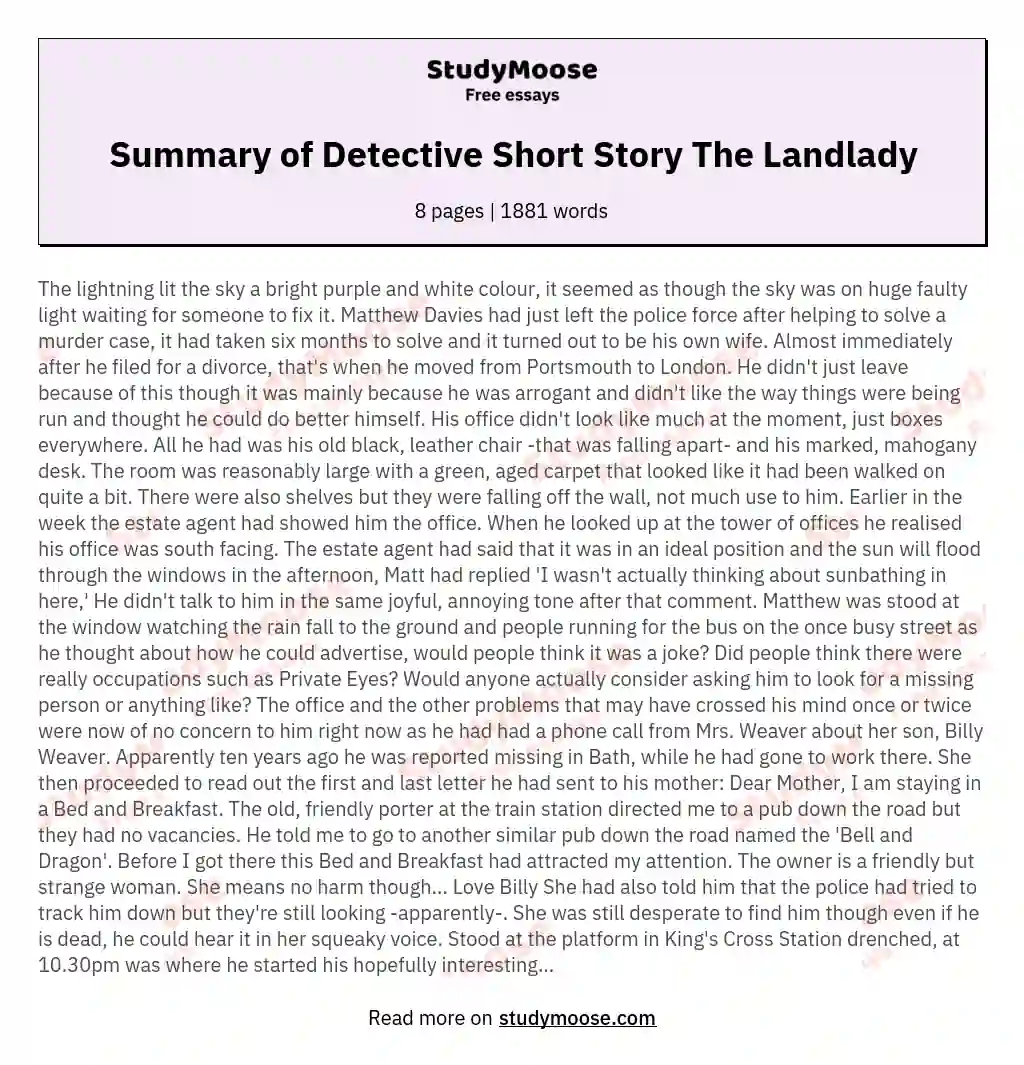 Summary of Detective Short Story The Landlady
