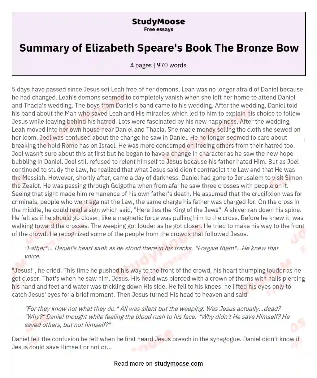 Summary of Elizabeth Speare's Book The Bronze Bow essay