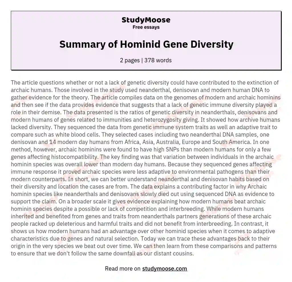 Summary of Hominid Gene Diversity essay