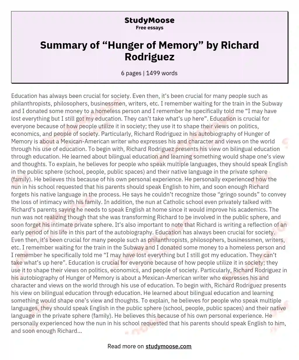 Summary of “Hunger of Memory” by Richard Rodriguez essay