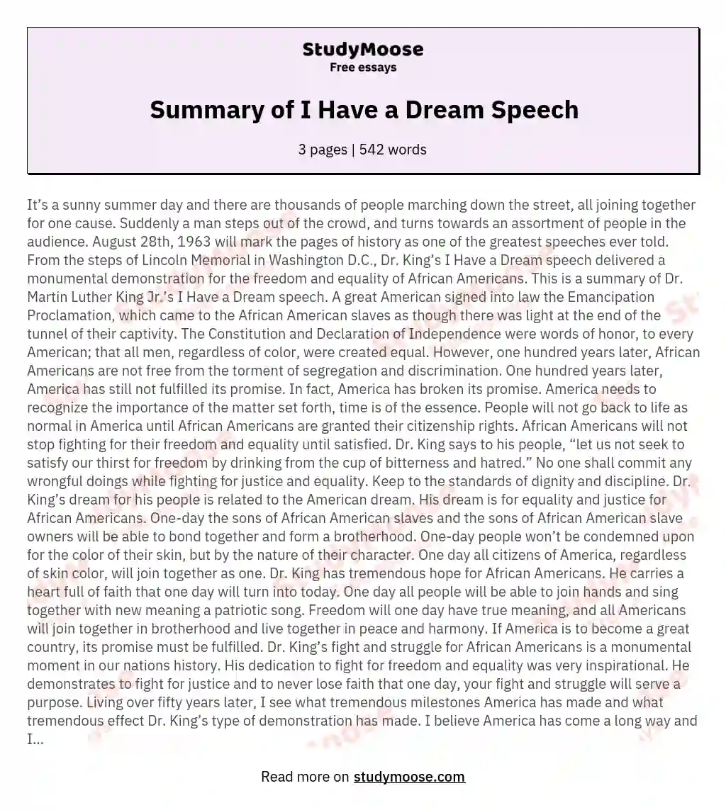 Summary of I Have a Dream Speech essay