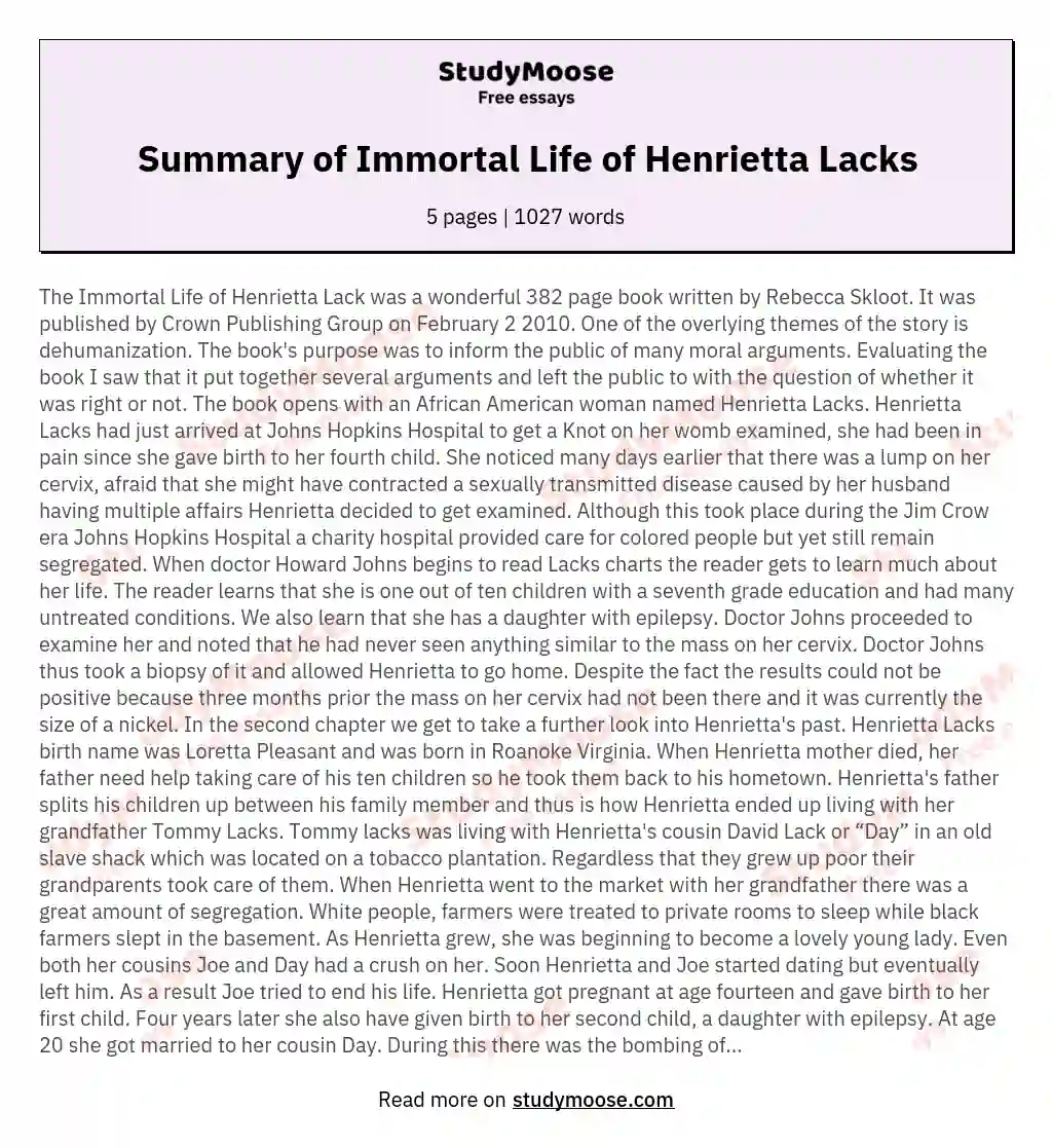 Summary of Immortal Life of Henrietta Lacks essay