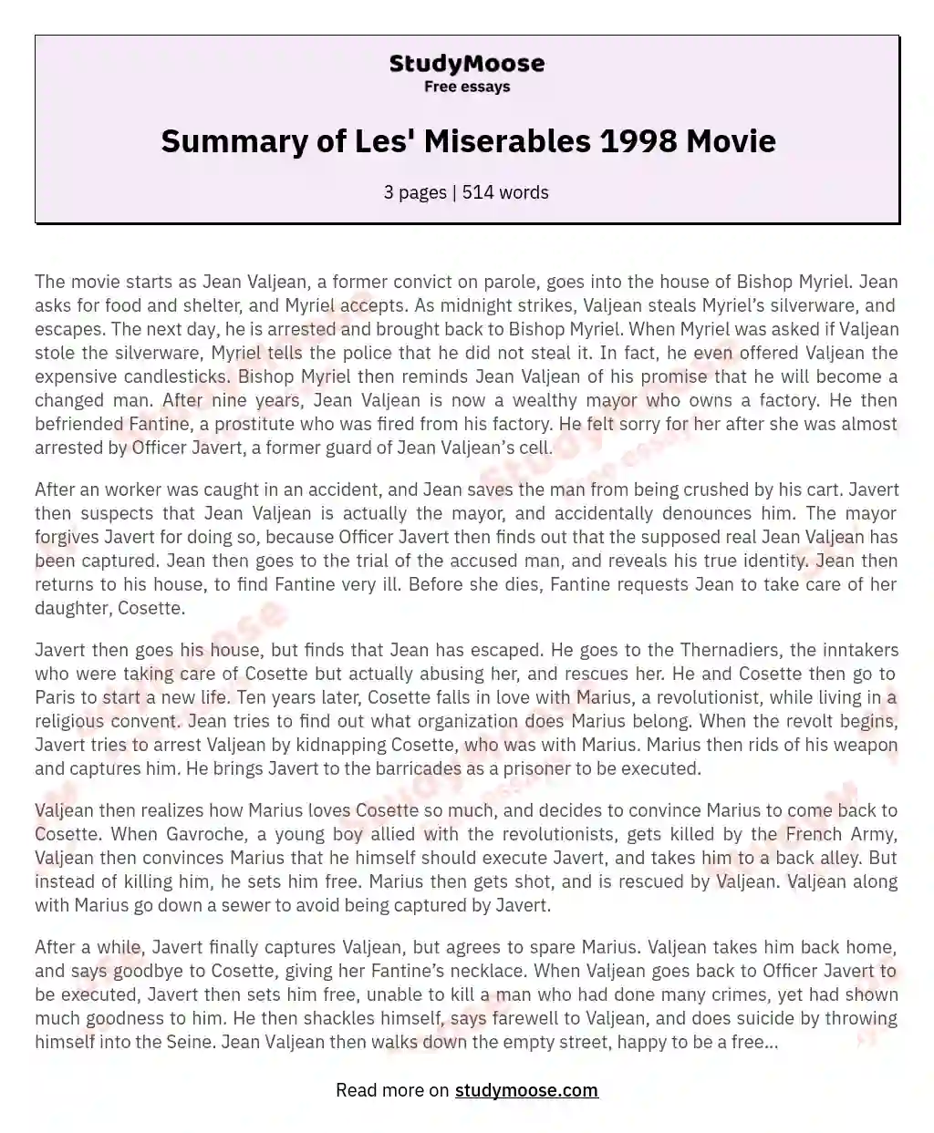 Summary Of Les Miserables 1998 Movie Free Essay Example