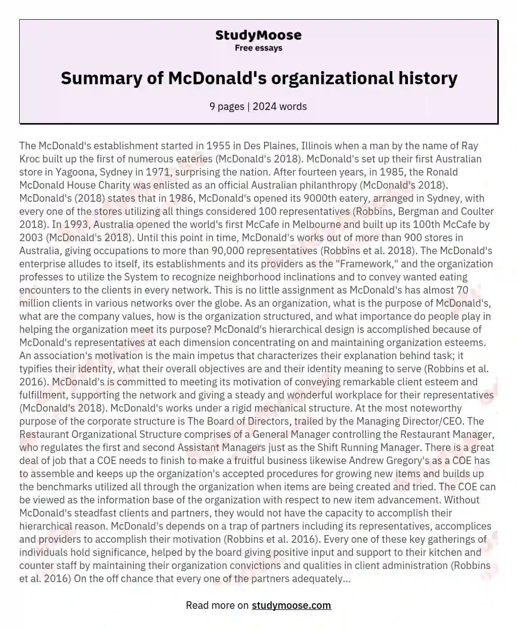 Summary of McDonald's organizational history essay