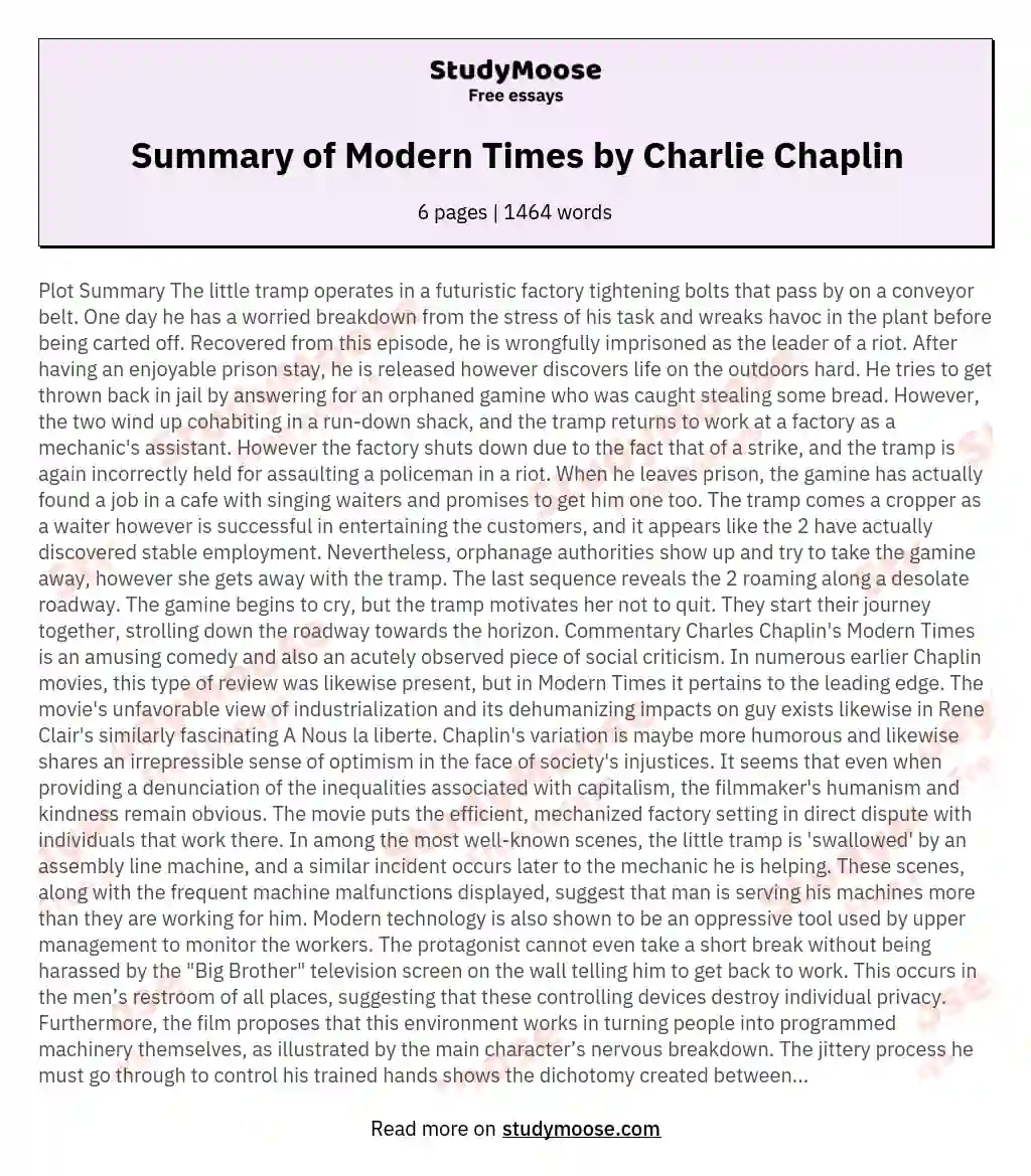 Summary of Modern Times by Charlie Chaplin essay