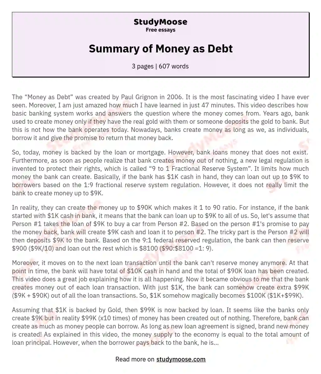 Unveiling the Modern Banking System: Money as Debt essay