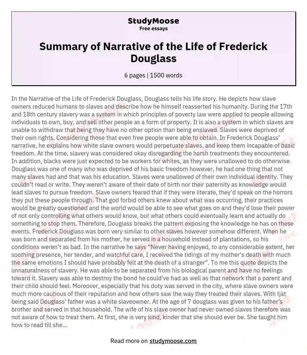 Summary of Narrative of the Life of Frederick Douglass essay