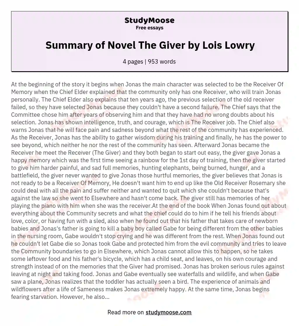 Summary of Novel The Giver by Lois Lowry