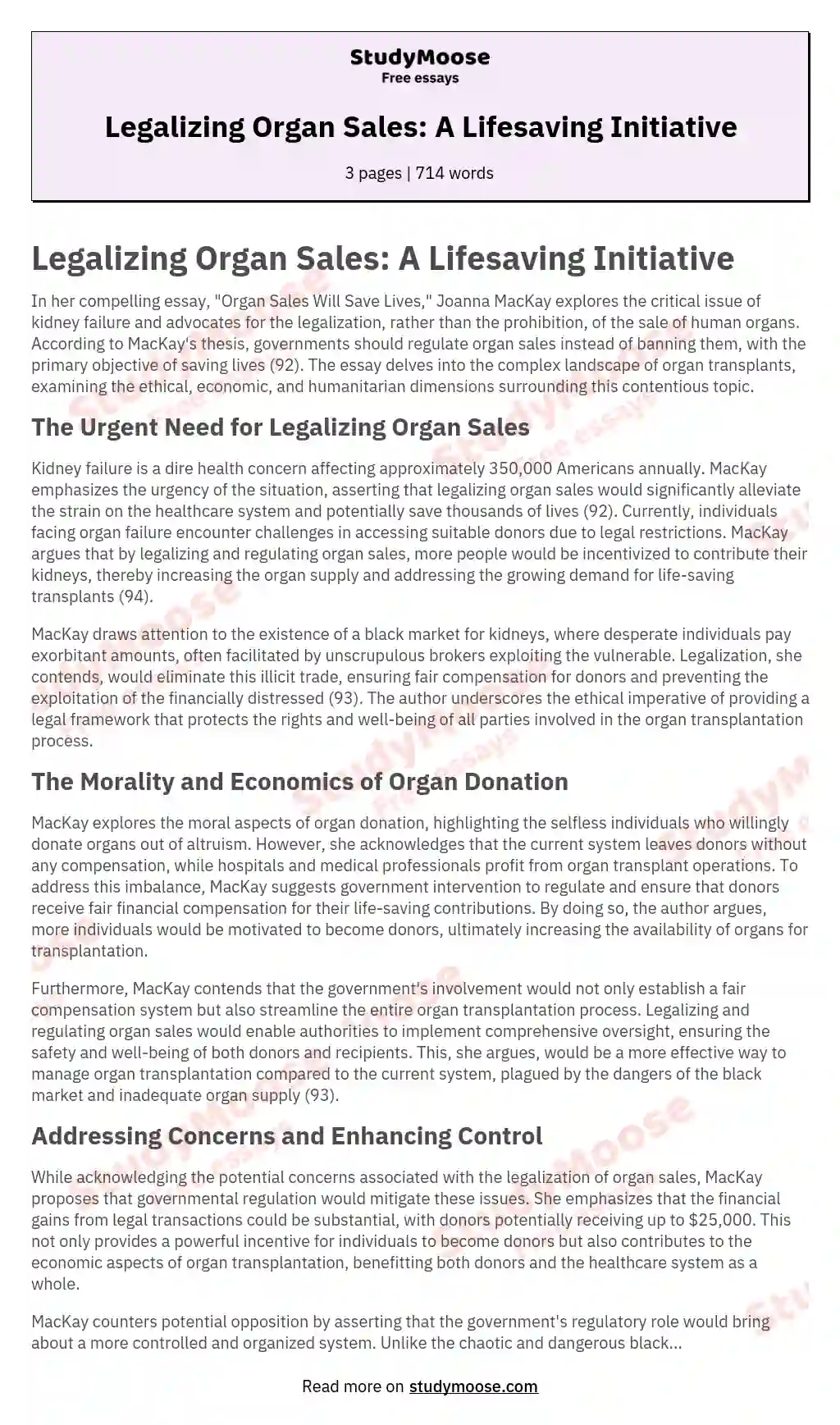 Legalizing Organ Sales: A Lifesaving Initiative essay