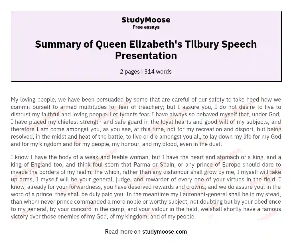 Summary of Queen Elizabeth's Tilbury Speech Presentation