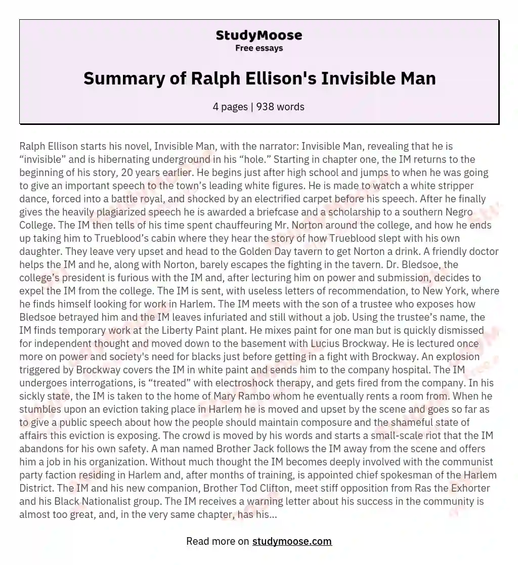 Summary of Ralph Ellison's Invisible Man