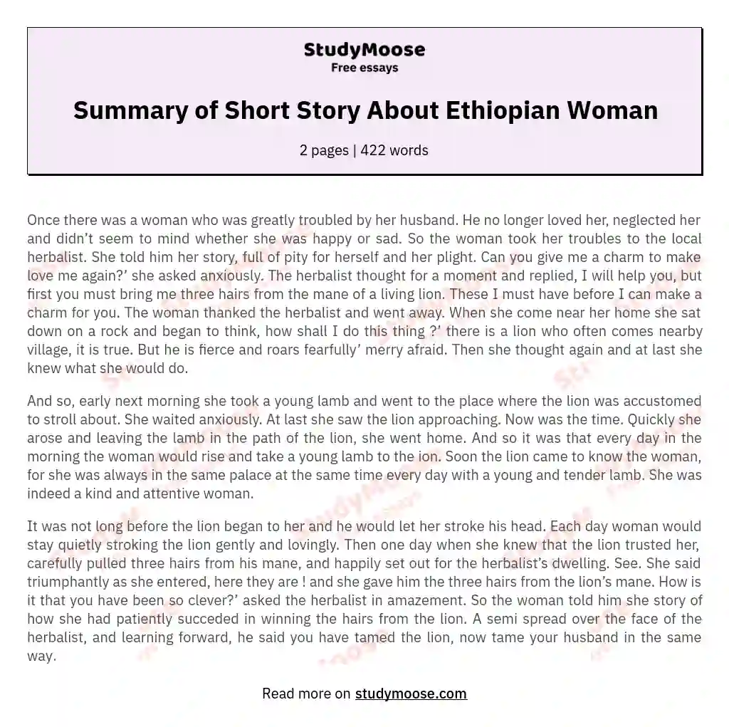 Summary of Short Story About Ethiopian Woman essay
