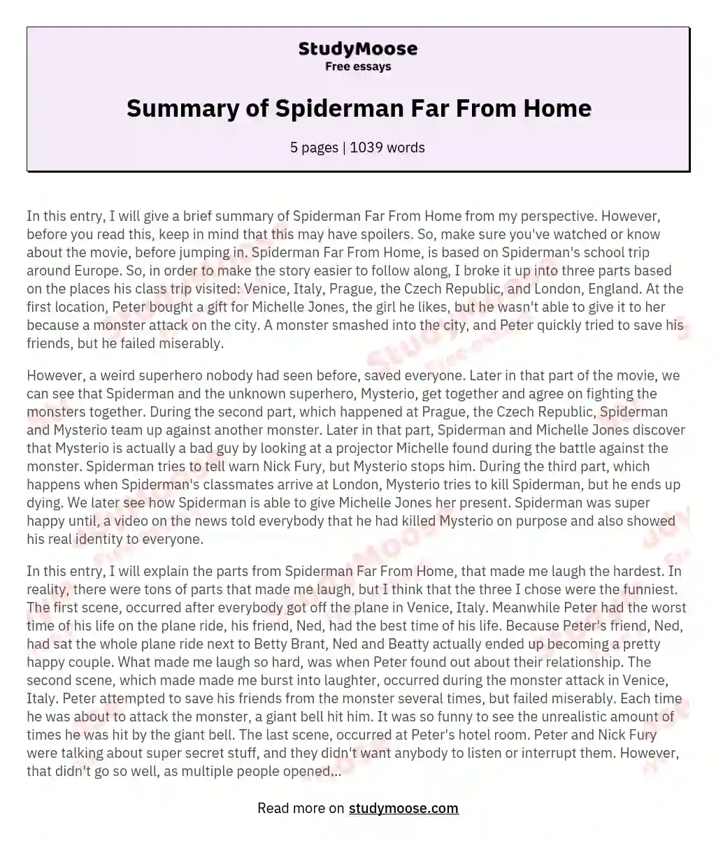 Summary of Spiderman Far From Home essay