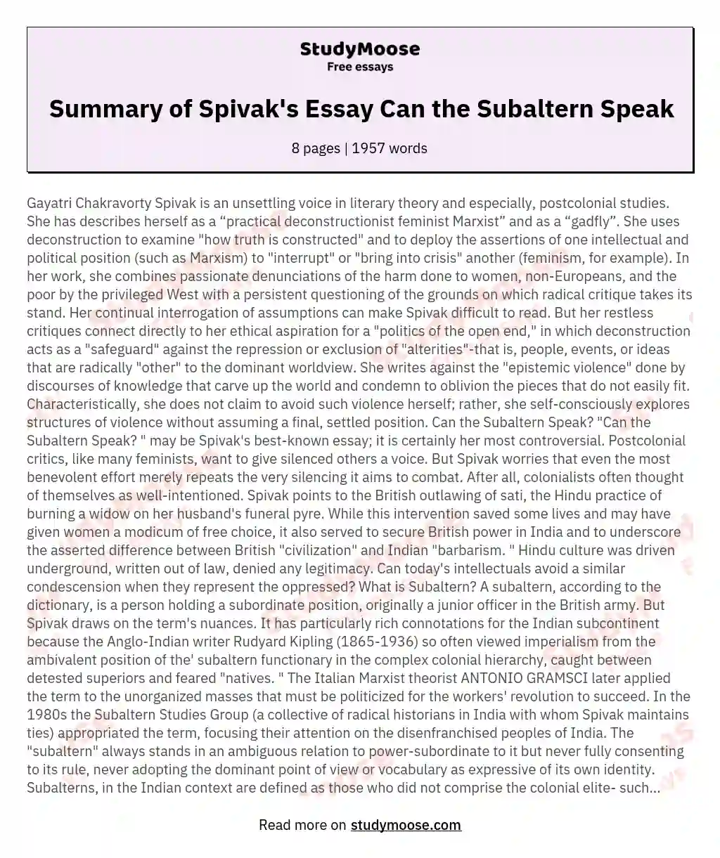 Summary of Spivak's Essay Can the Subaltern Speak essay