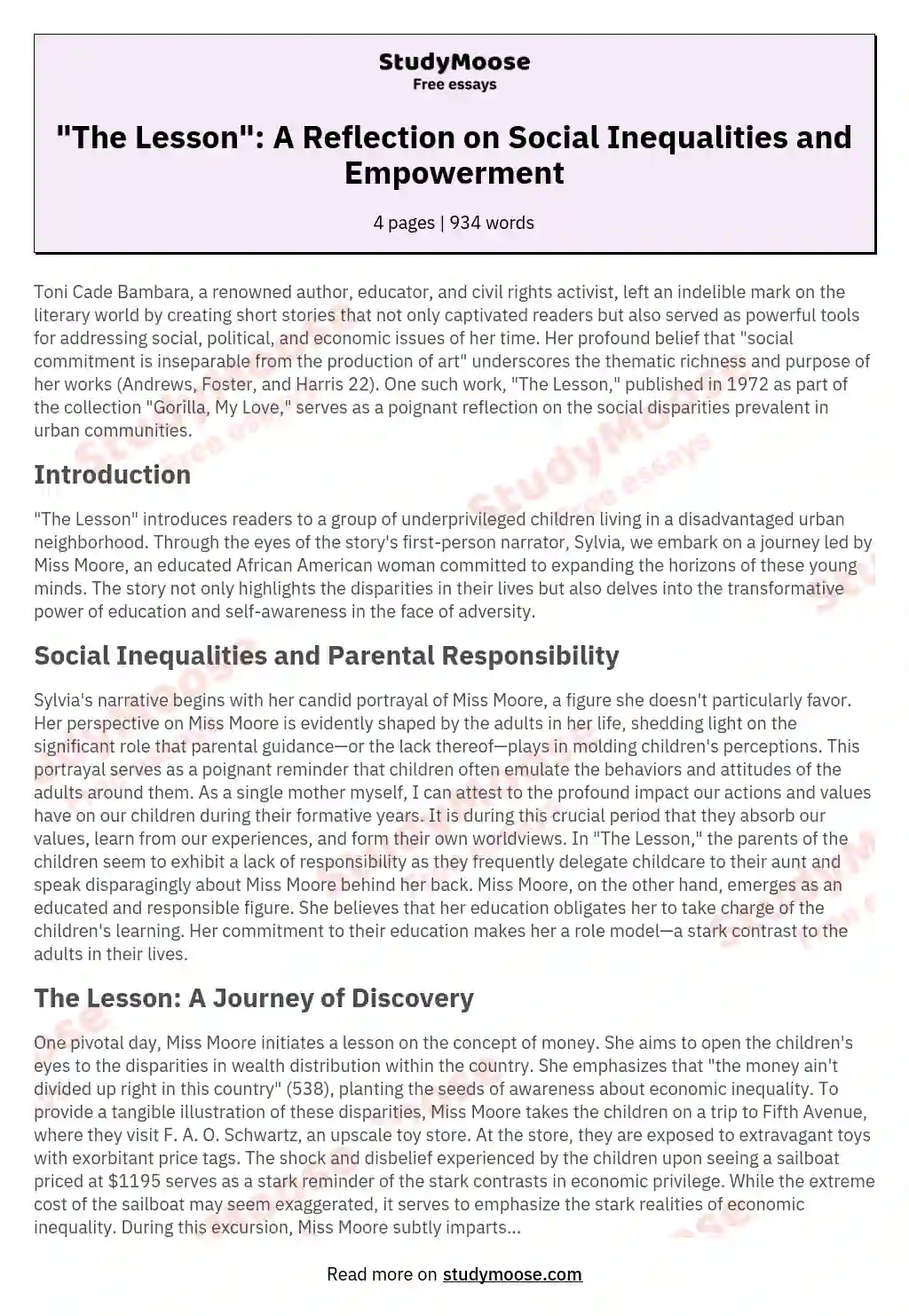 "The Lesson": A Reflection on Social Inequalities and Empowerment essay