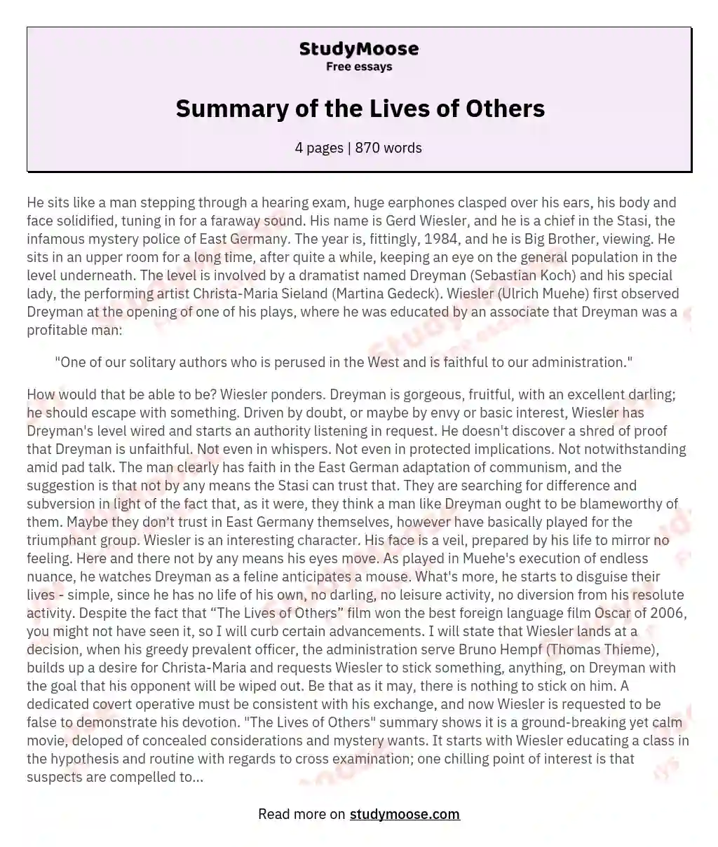 Summary of the Lives of Others essay