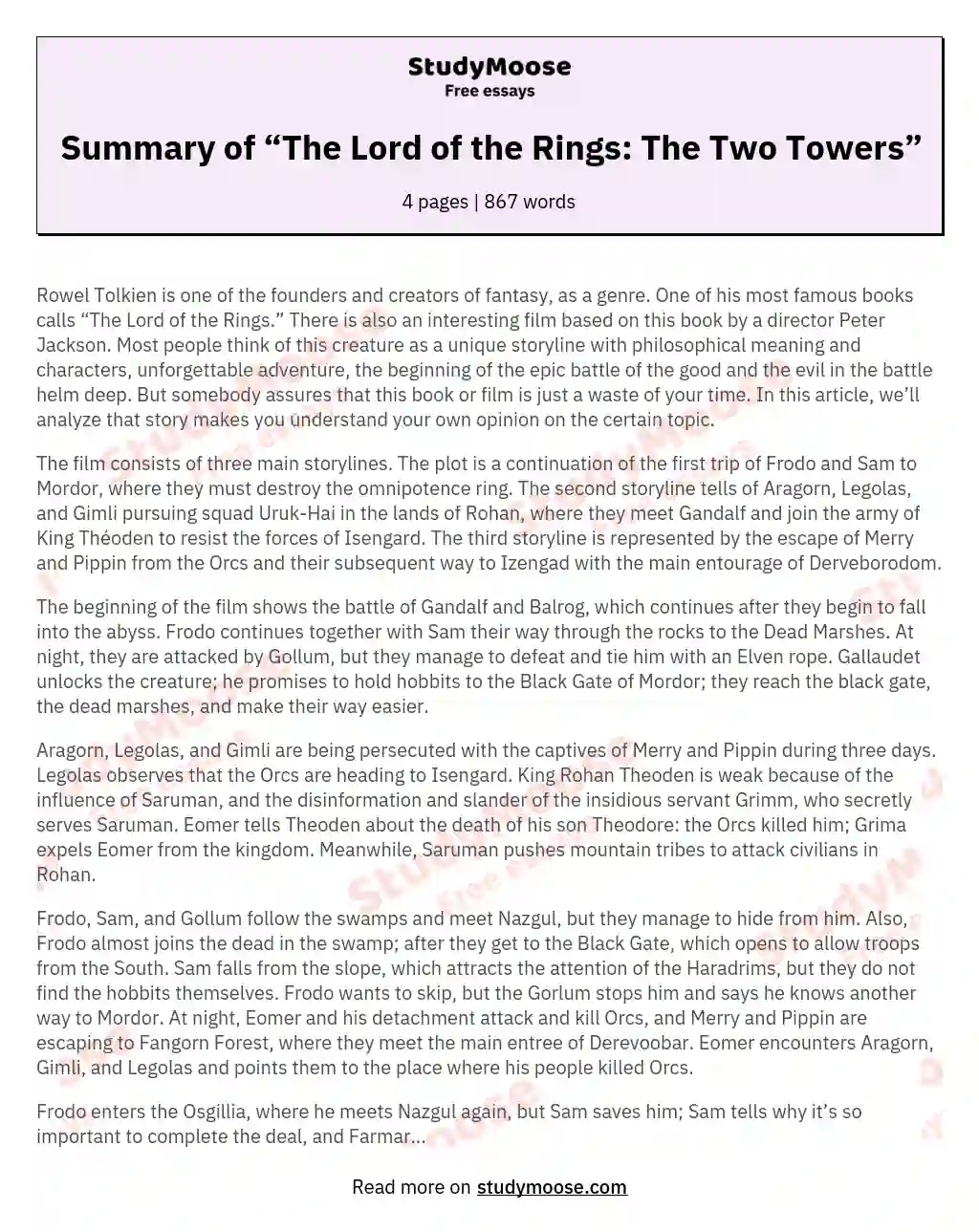Summary of “The Lord of the Rings: The Two Towers” essay