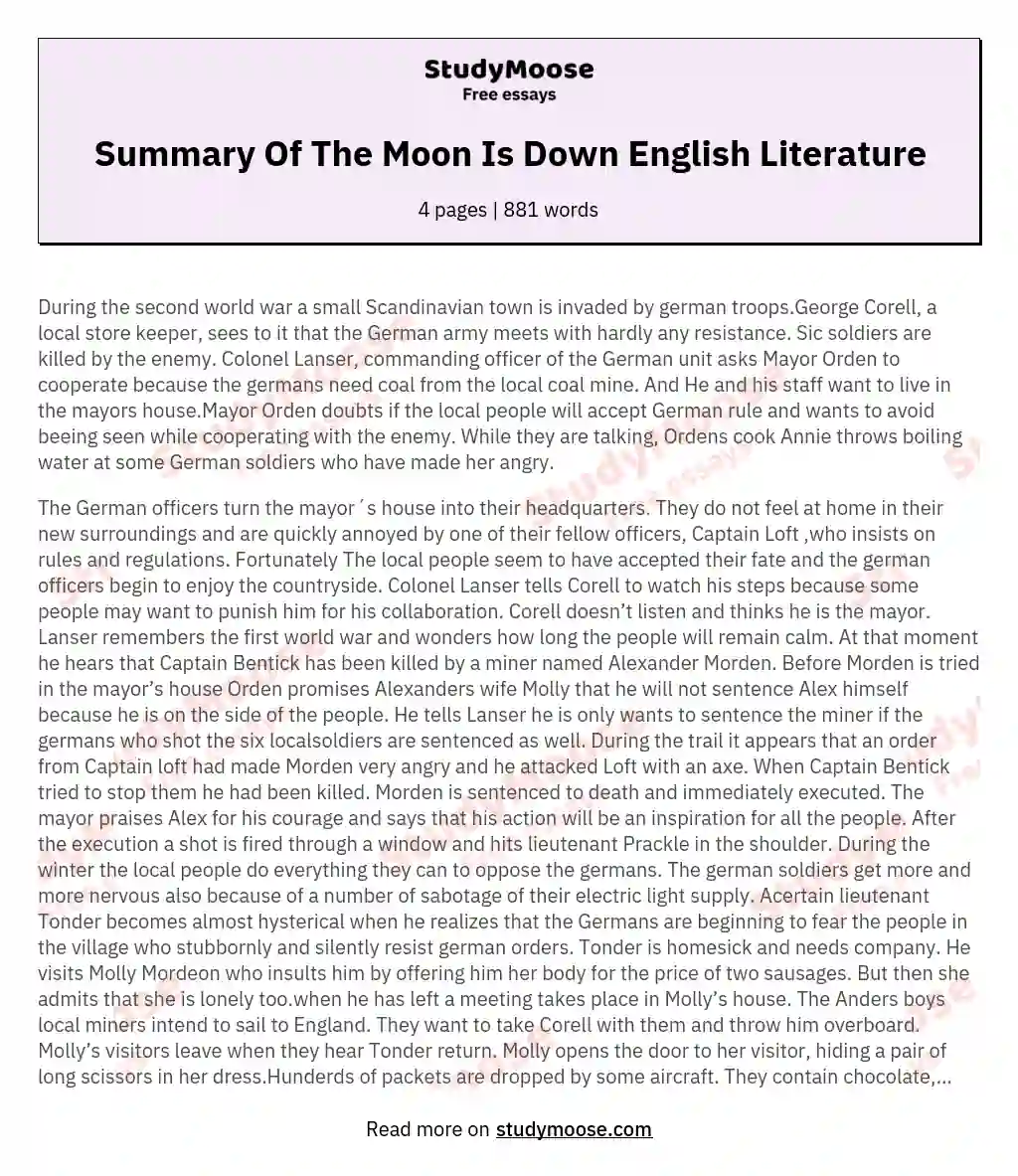 Summary Of The Moon Is Down English Literature essay