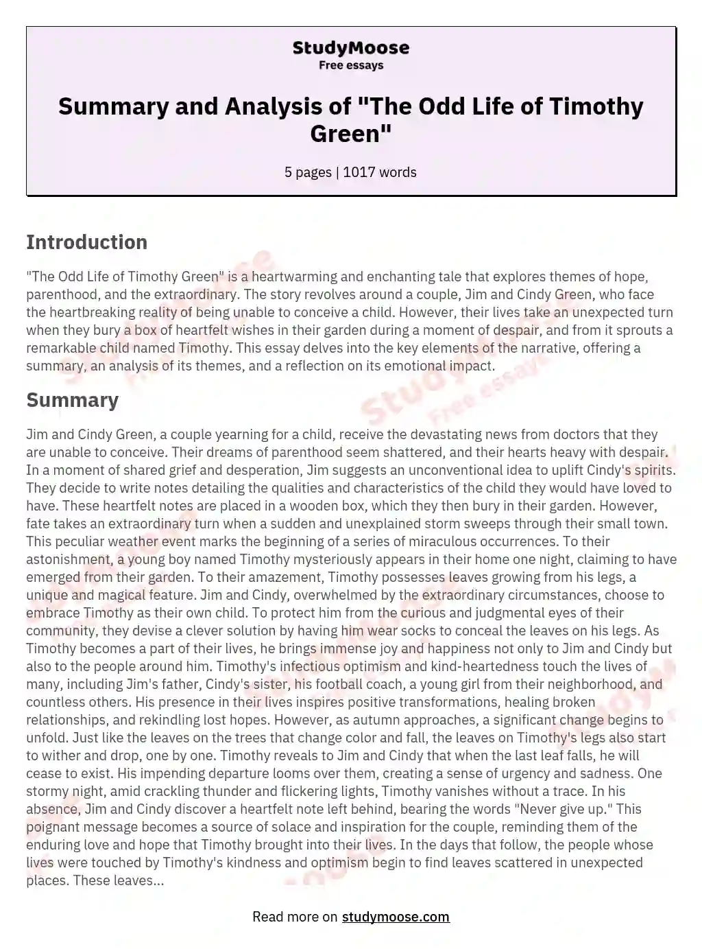 Summary and Analysis of "The Odd Life of Timothy Green" essay