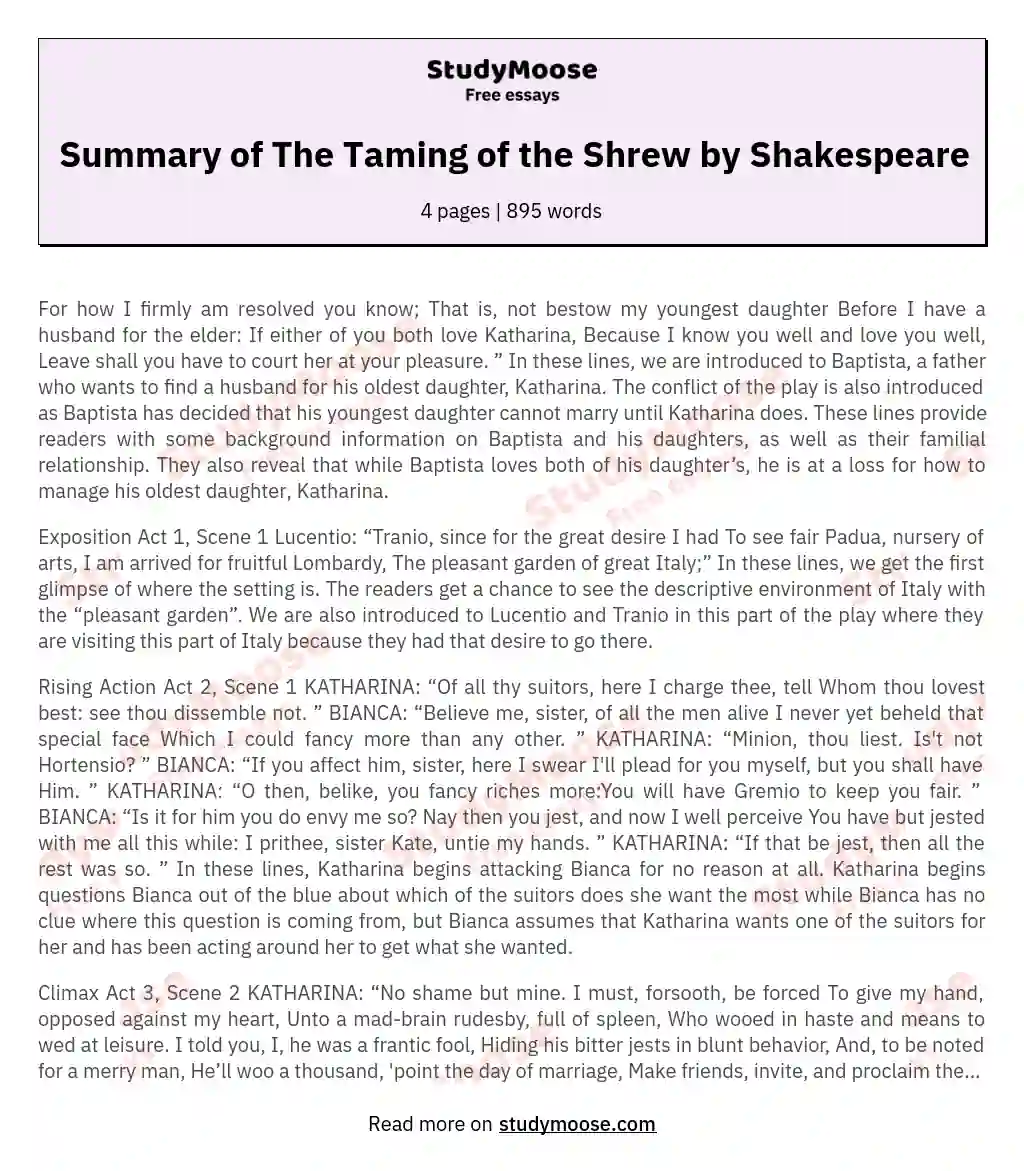 Summary of The Taming of the Shrew by Shakespeare