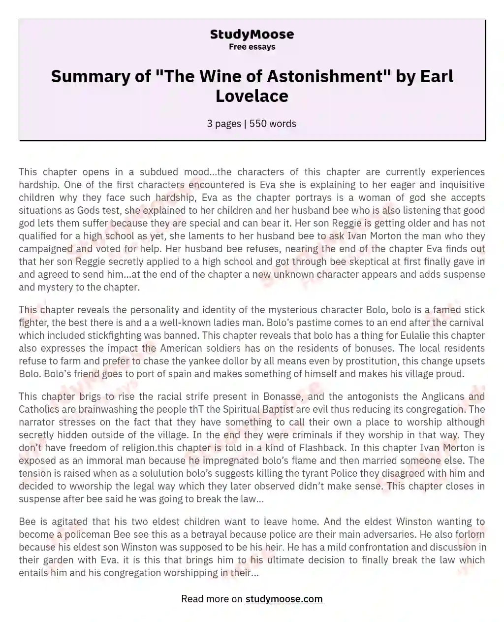 Summary of "The Wine of Astonishment" by Earl Lovelace essay