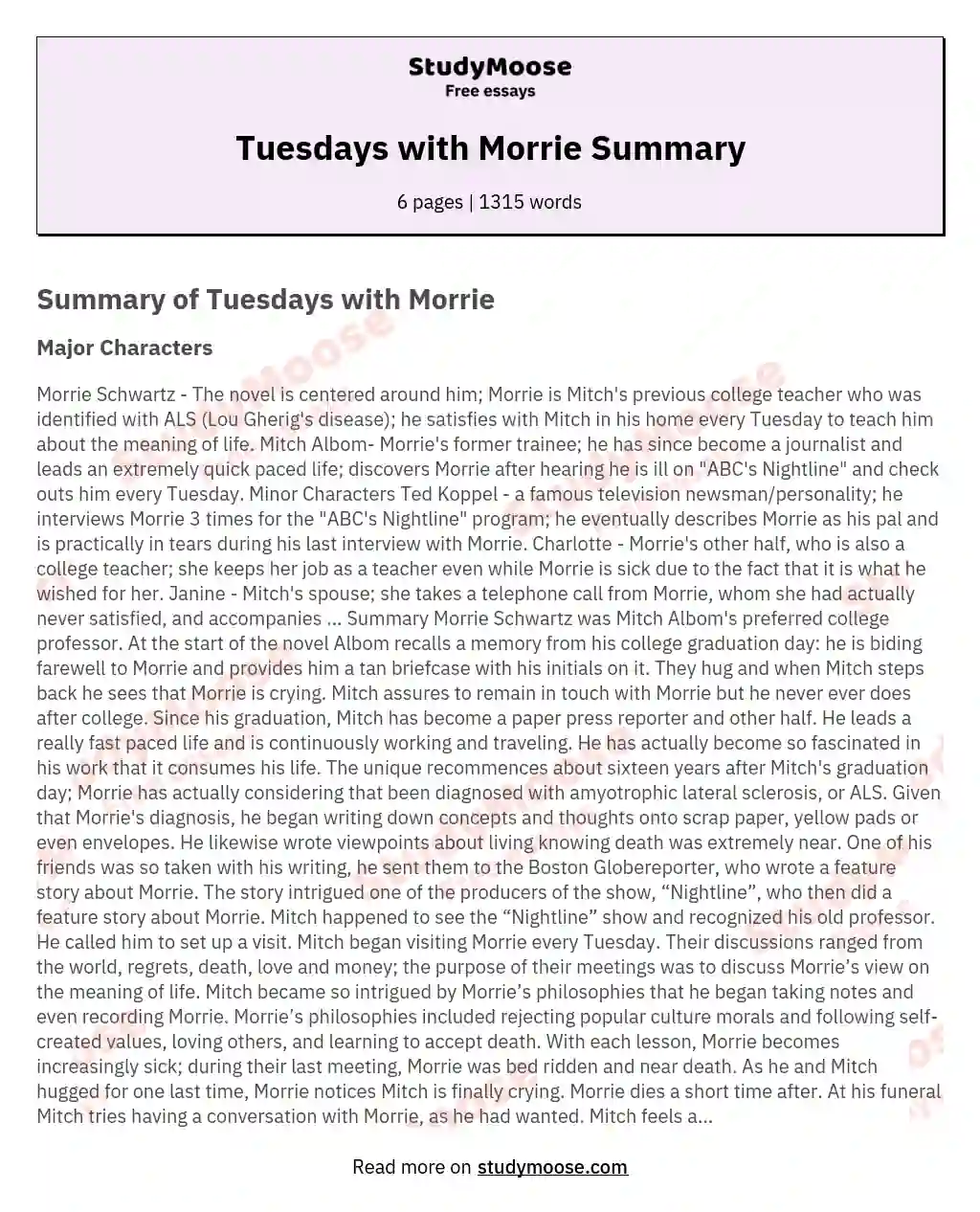 Tuesdays with Morrie Summary