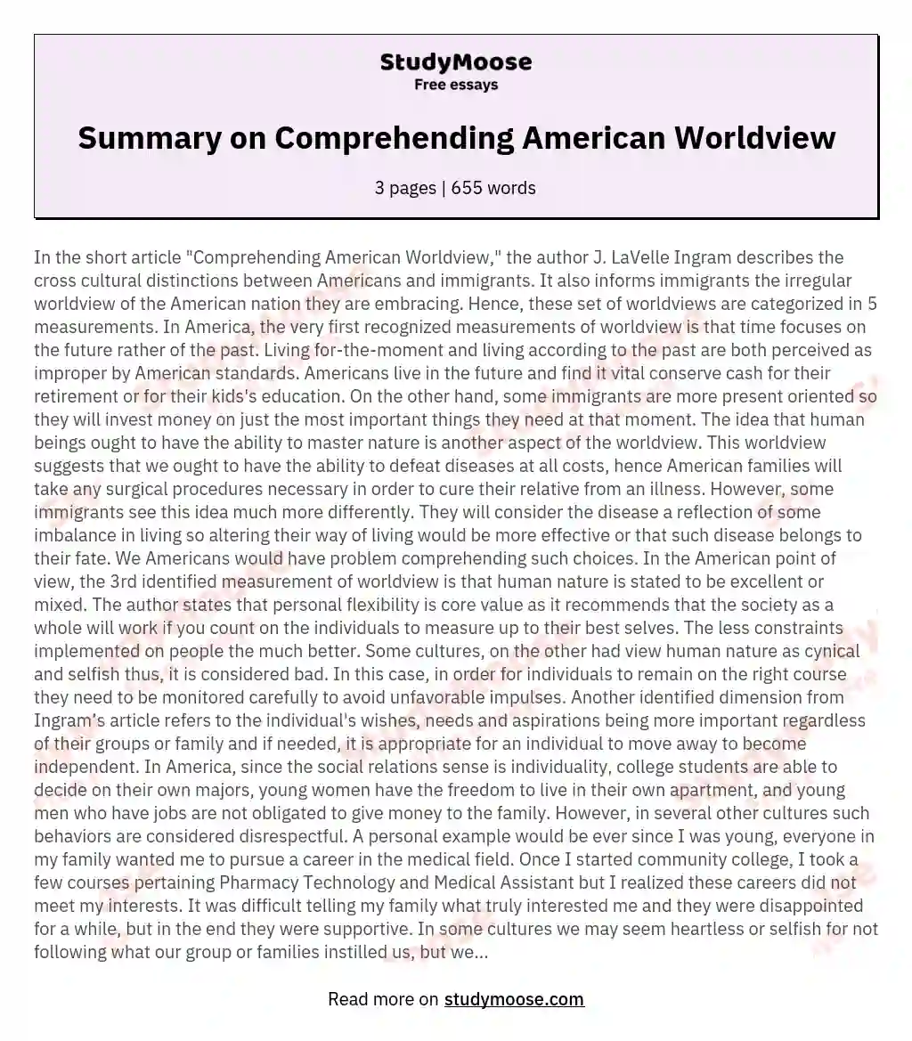 Summary on Comprehending American Worldview