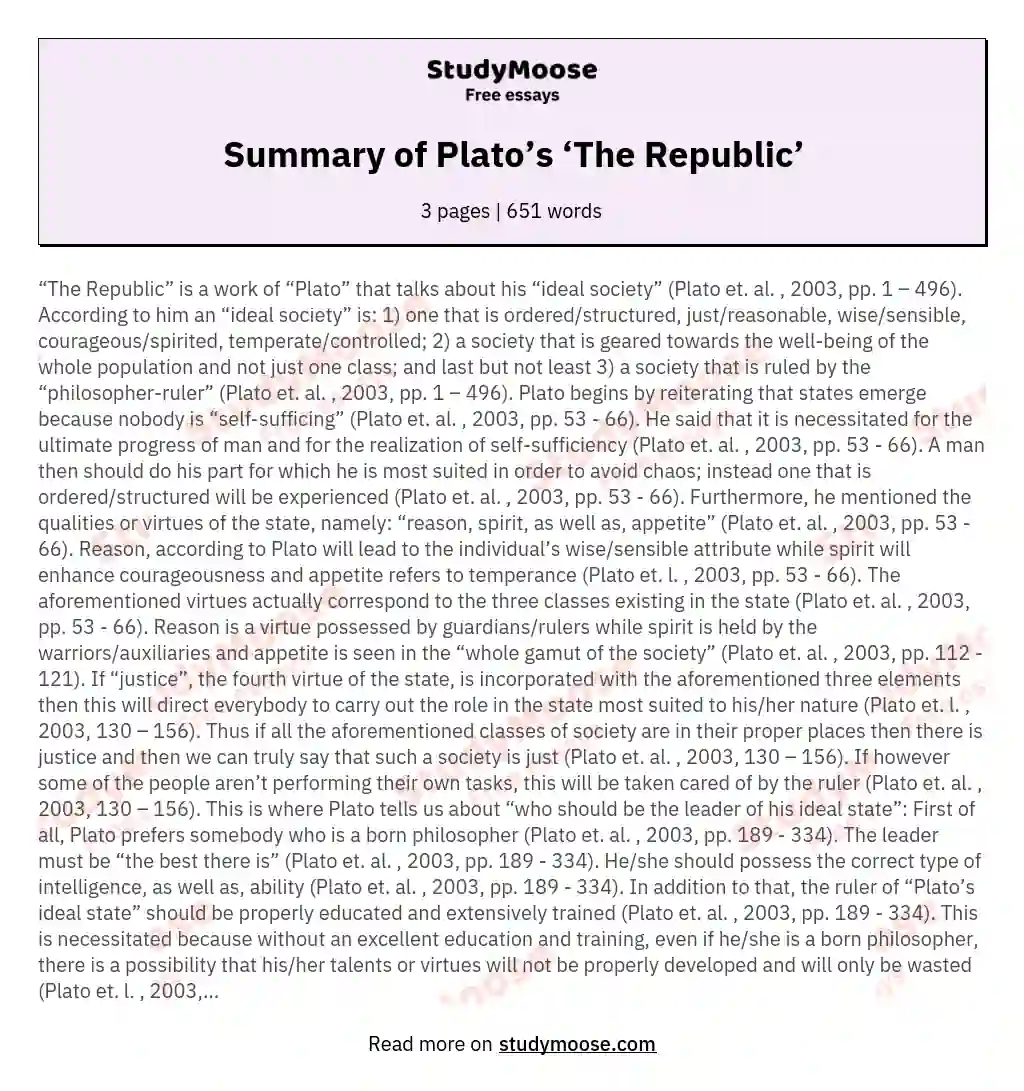Summary of Plato’s ‘The Republic’ essay
