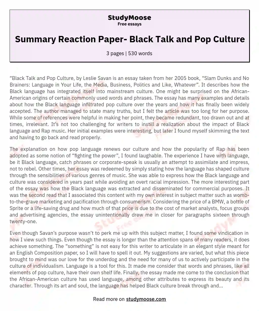 Summary Reaction Paper- Black Talk and Pop Culture essay