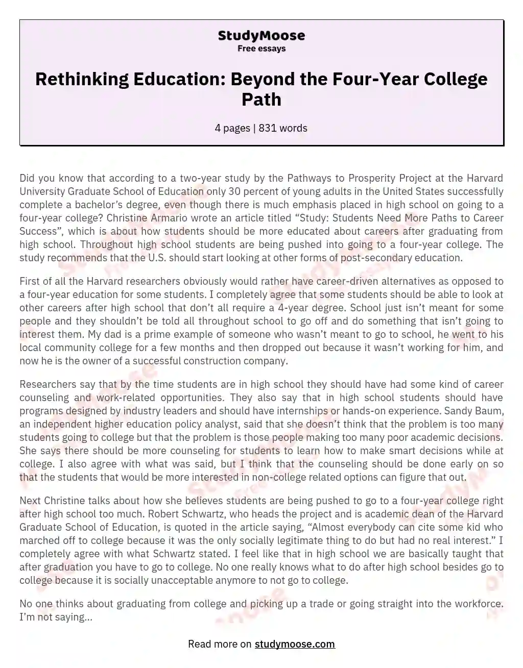 Rethinking Education: Beyond the Four-Year College Path essay