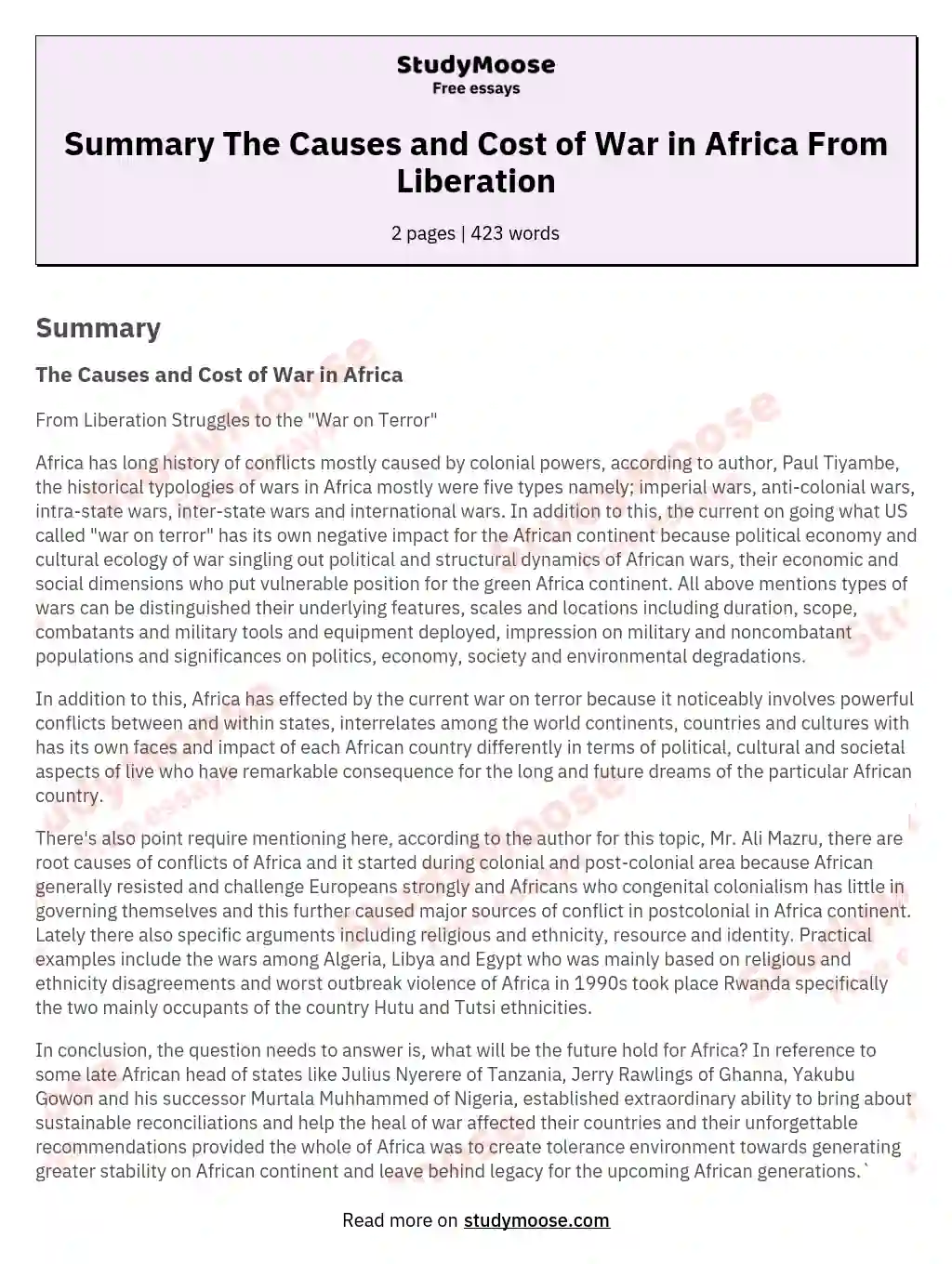 Summary The Causes and Cost of War in Africa From Liberation