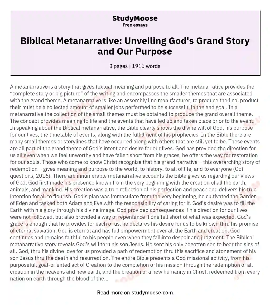 Biblical Metanarrative: Unveiling God's Grand Story and Our Purpose essay