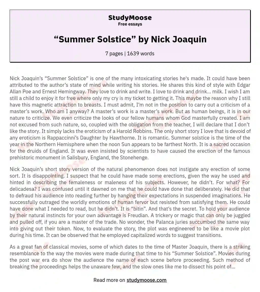 “Summer Solstice” by Nick Joaquin essay