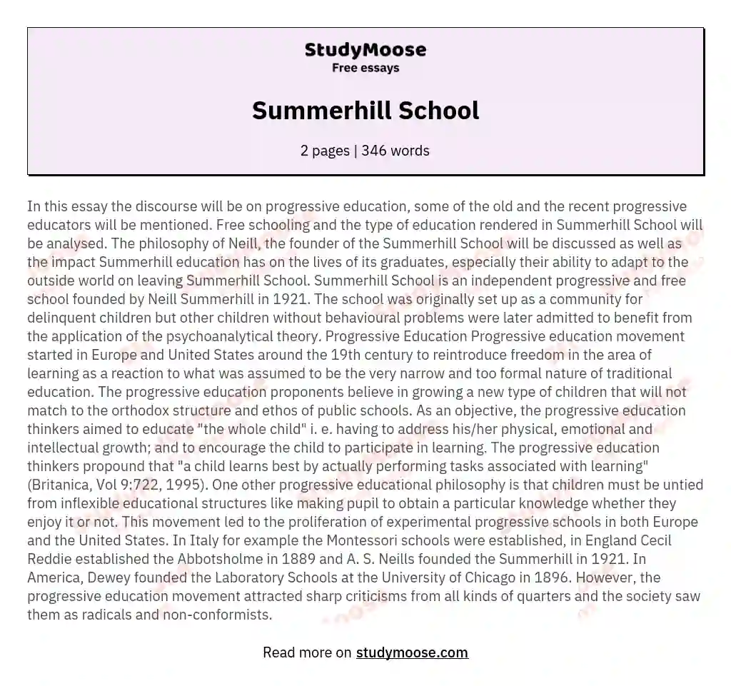 Summerhill School essay