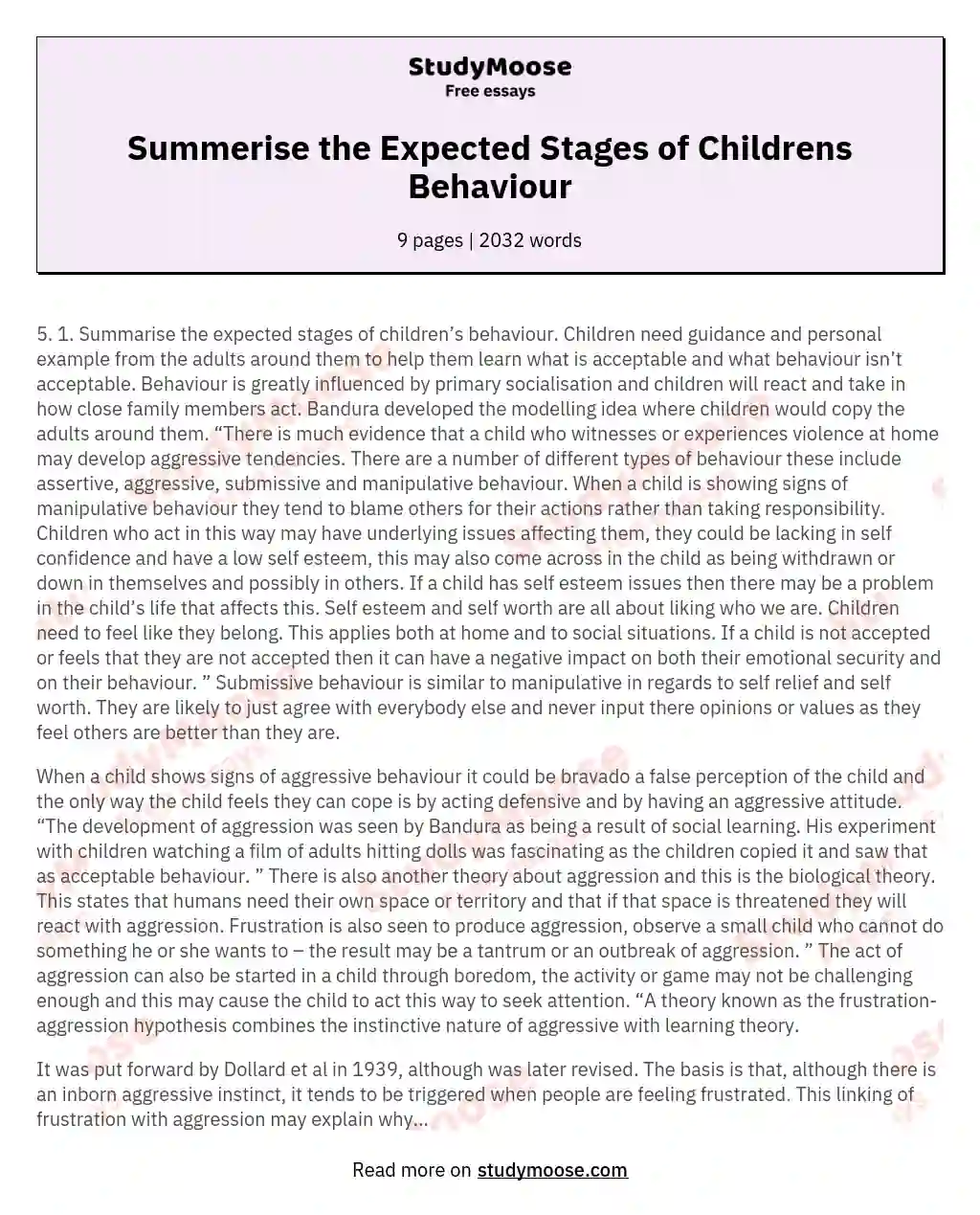 Summerise the Expected Stages of Childrens Behaviour essay