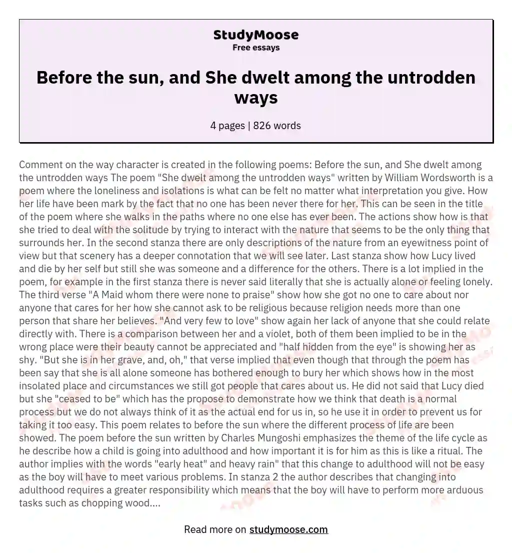 Before the sun, and She dwelt among the untrodden ways essay
