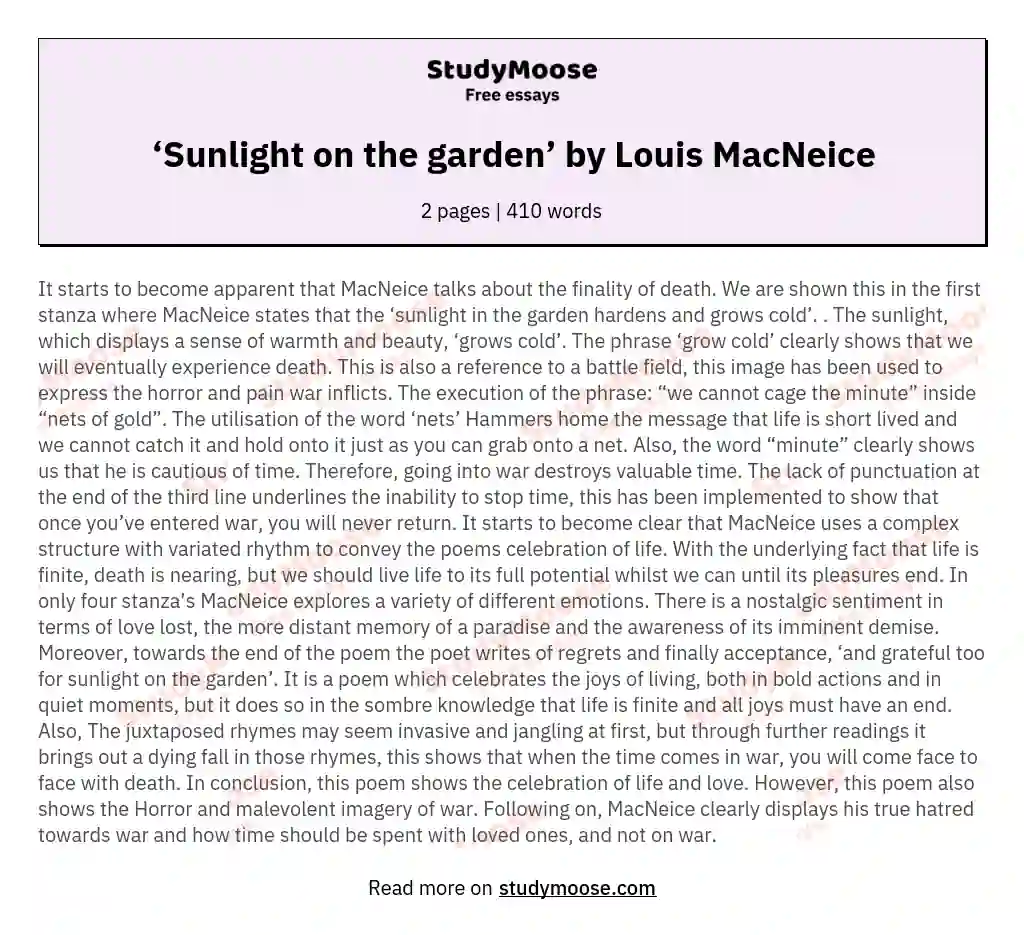 The Profound Theme of Mortality in "Sunlight on the Garden" essay