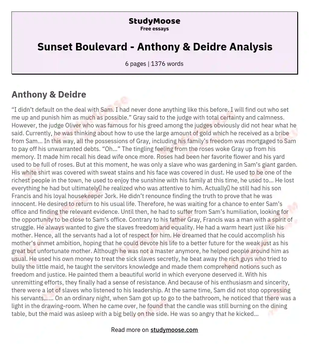 Sunset Boulevard - Anthony & Deidre Analysis essay