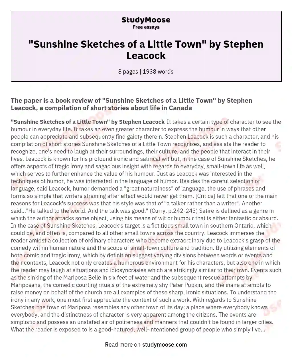 "Sunshine Sketches of a Little Town" by Stephen Leacock