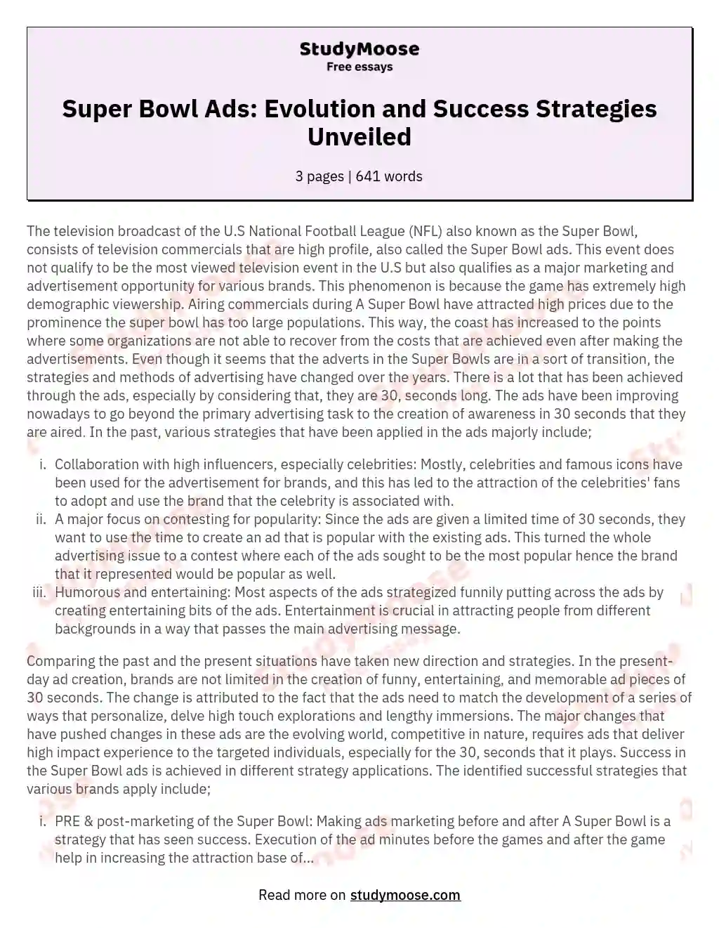Super Bowl Ads: Evolution and Success Strategies Unveiled essay