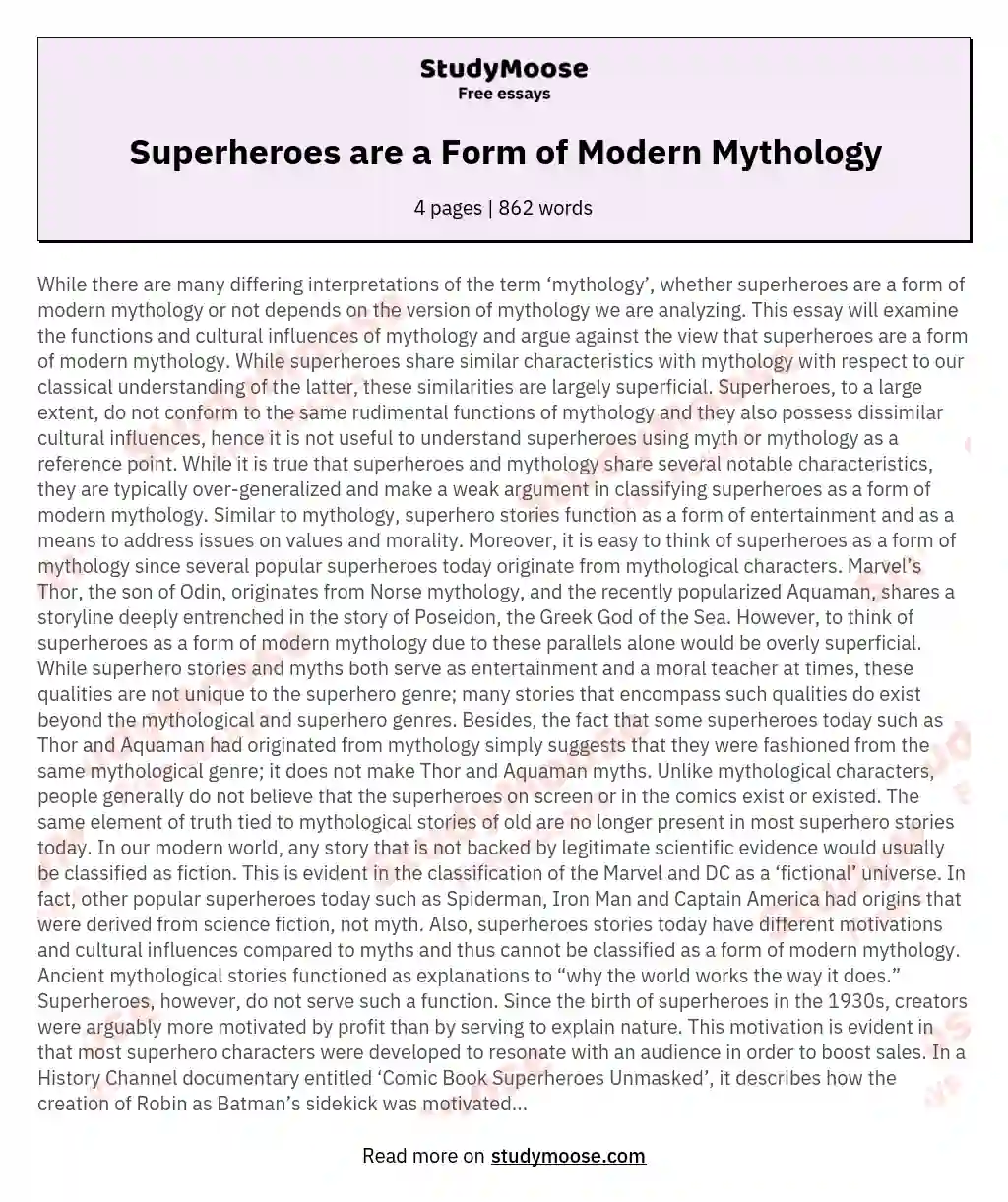 Superheroes are a Form of Modern Mythology essay