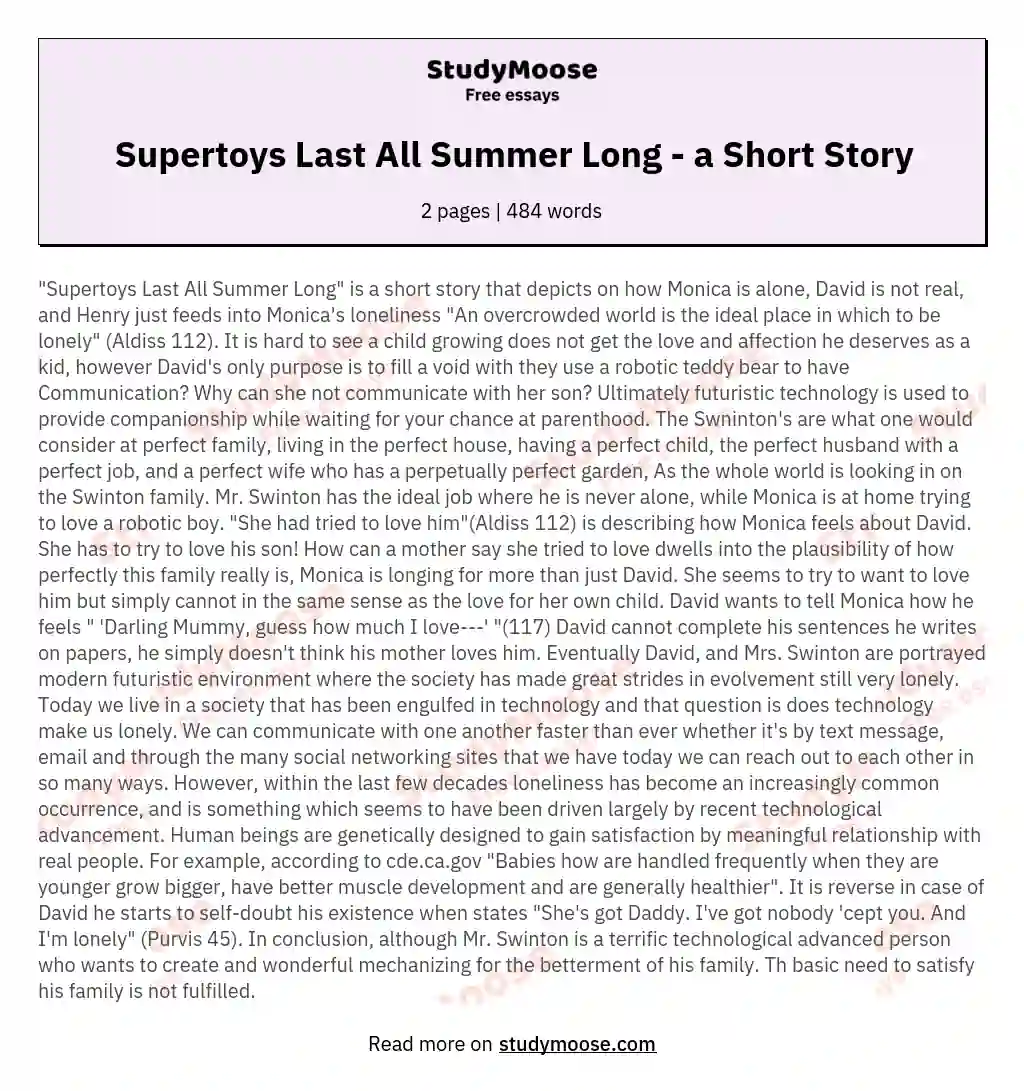 Supertoys Last All Summer Long - a Short Story