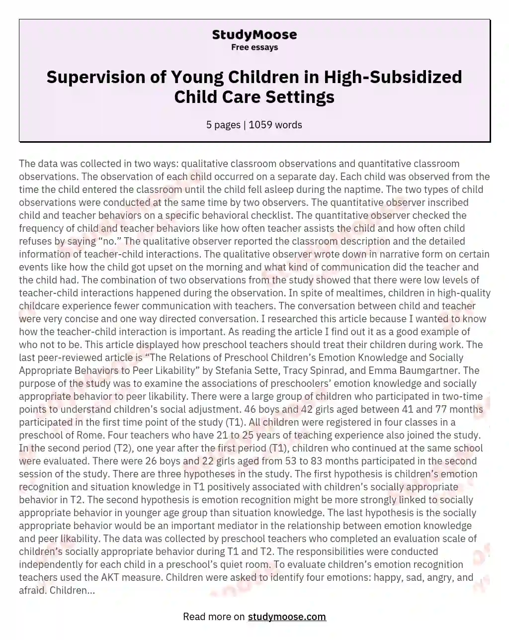 Supervision of Young Children in High-Subsidized Child Care Settings essay