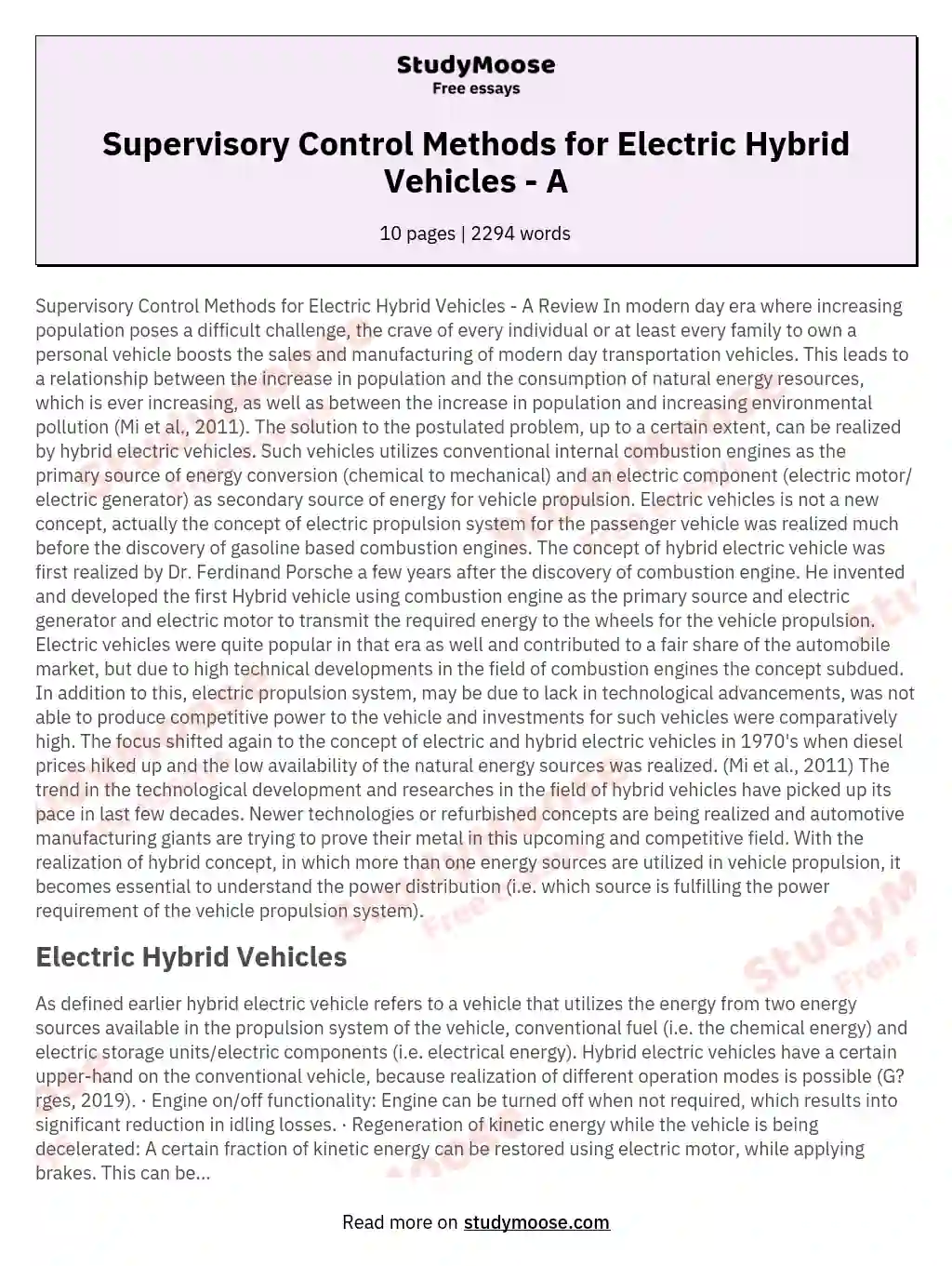Supervisory Control Methods for Electric Hybrid Vehicles - A essay