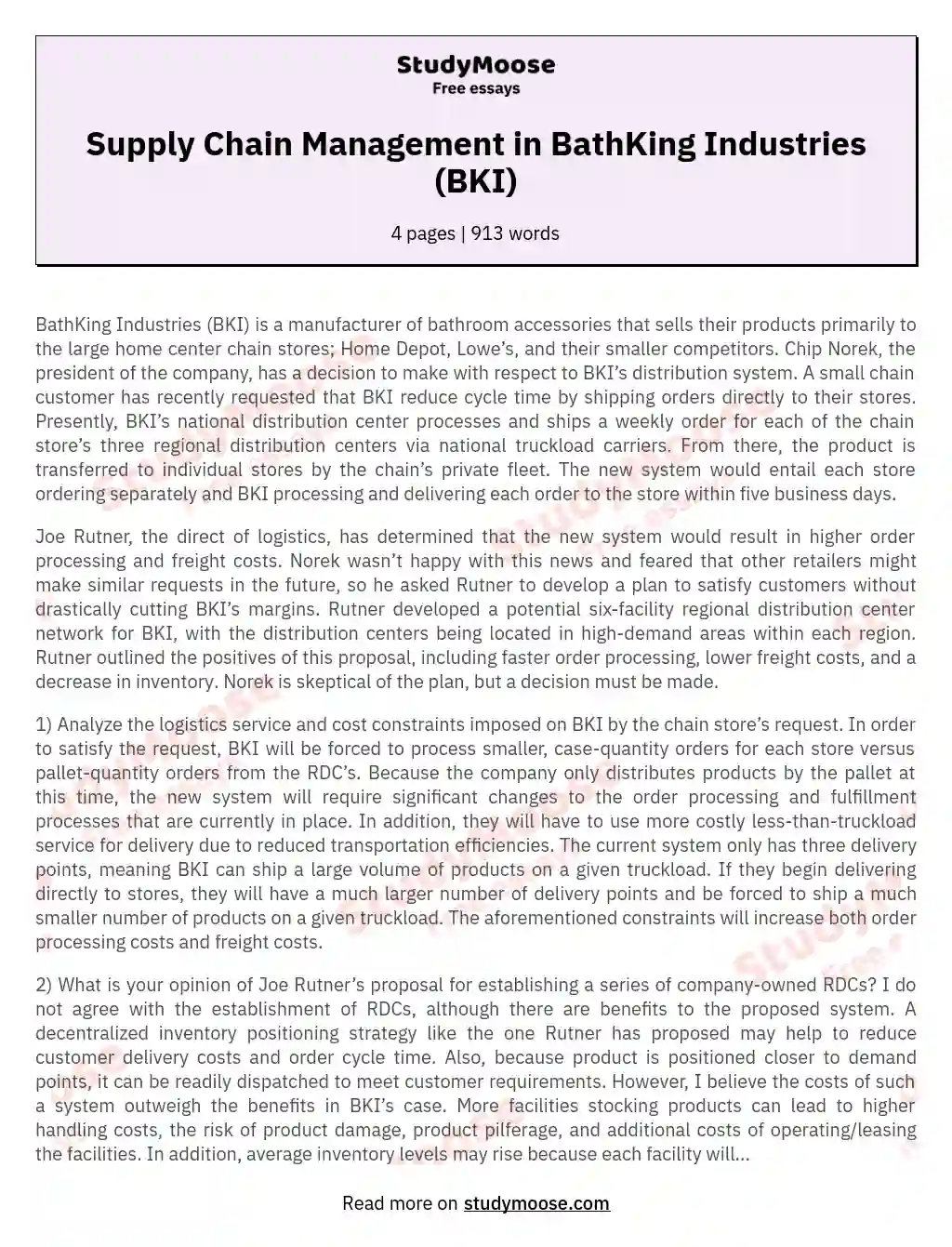 Supply Chain Management in BathKing Industries (BKI) essay