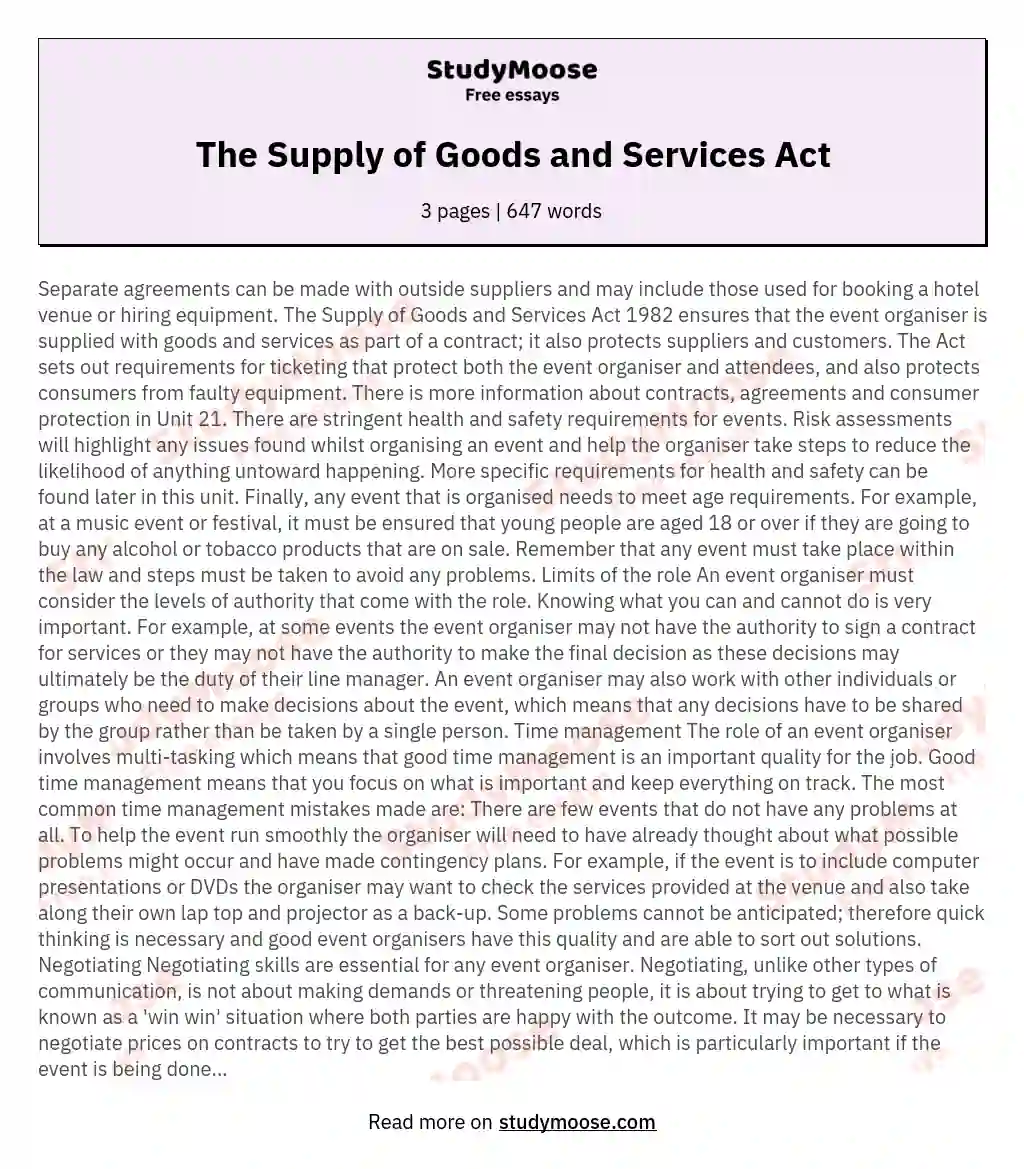 The Supply of Goods and Services Act essay