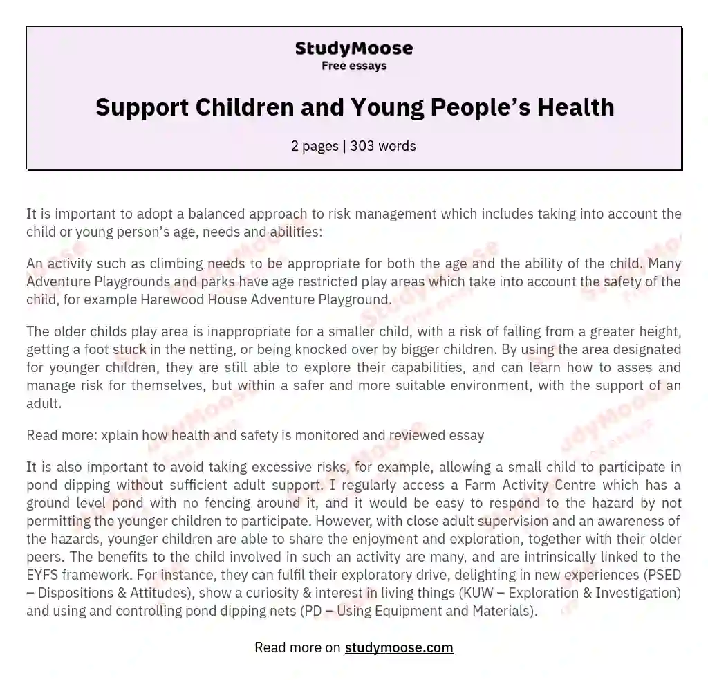 Support Children and Young People’s Health essay