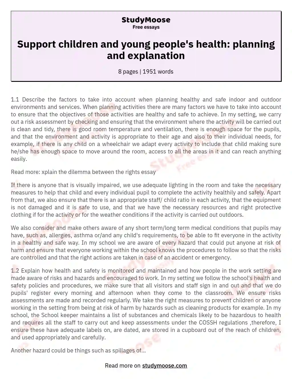 Support children and young people's health: planning and explanation essay